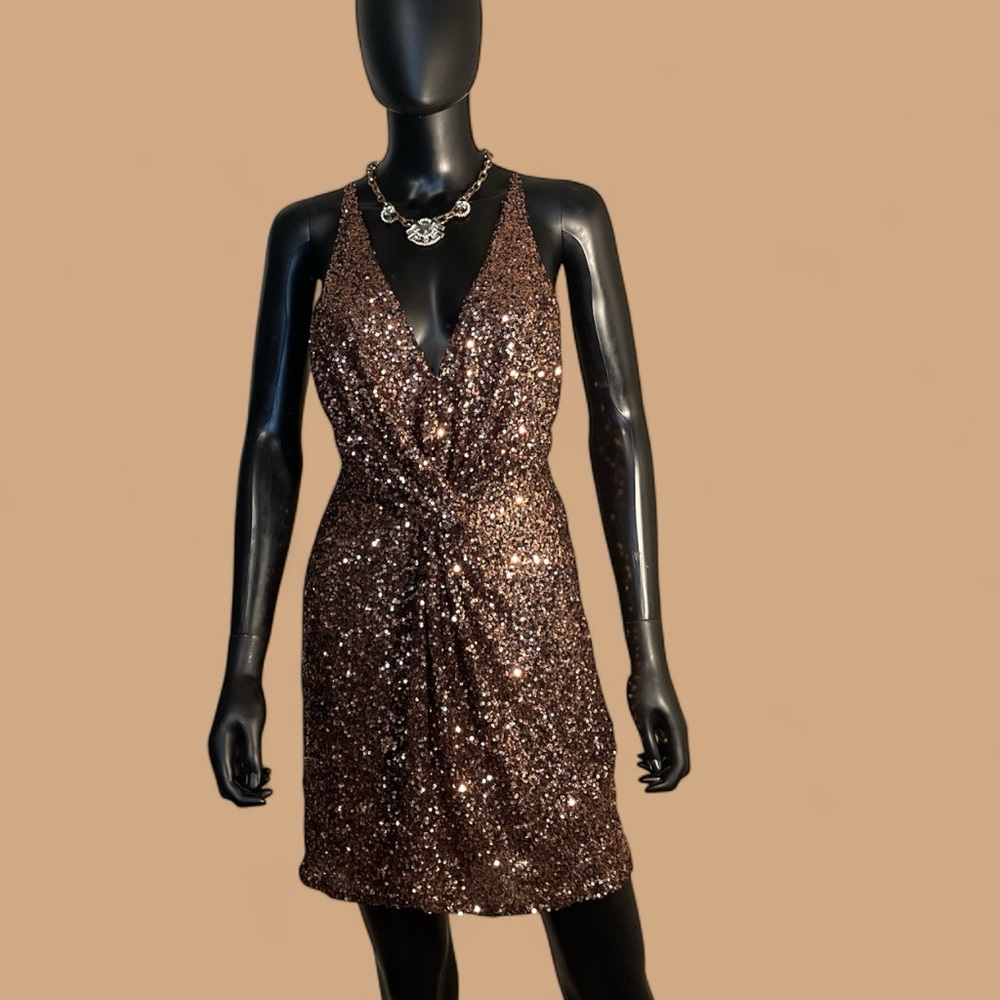 Astr Sequin Backless Dress in Brown
